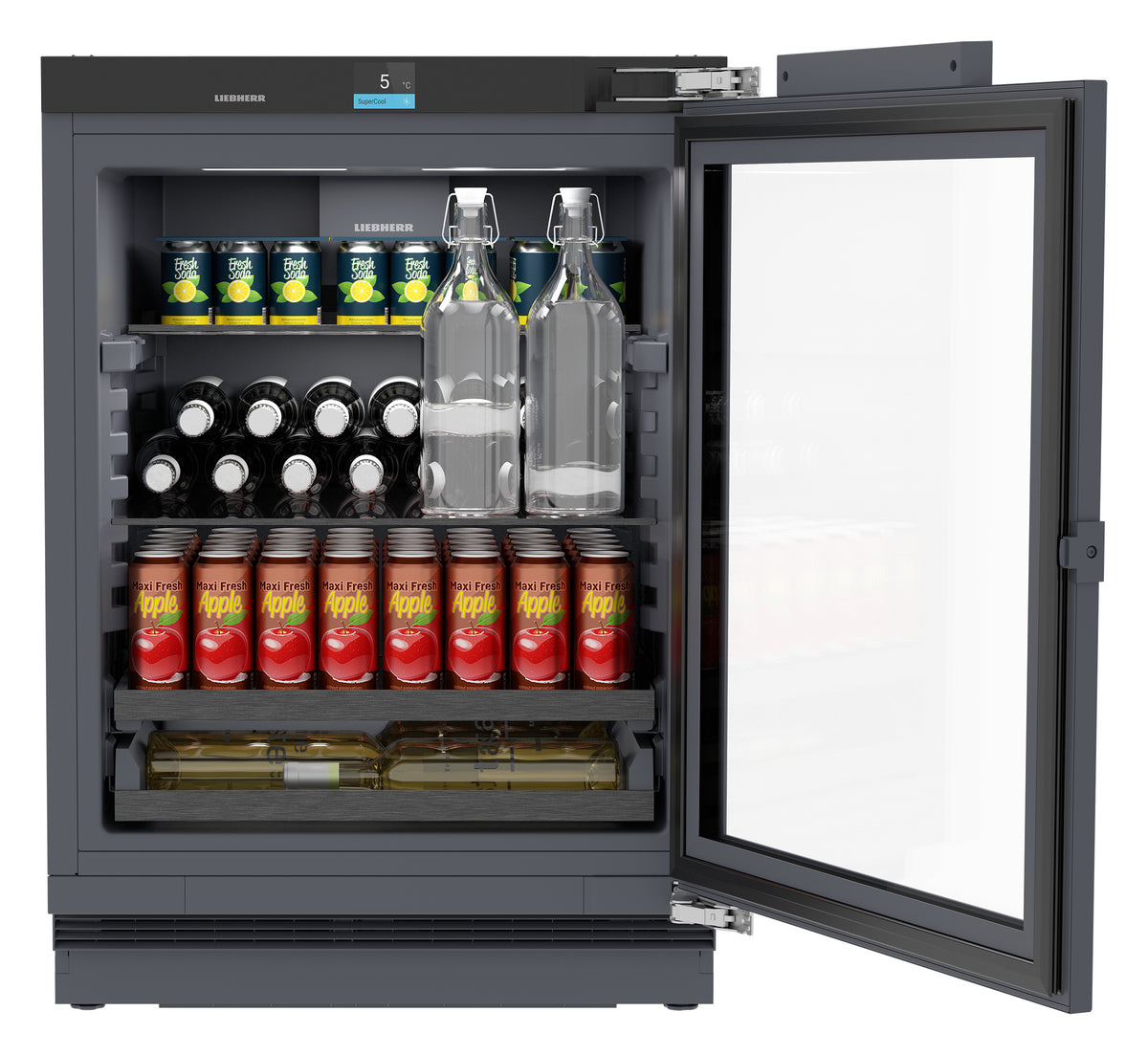 Réfrigérateur à boissons sous plan Liebherr UBCpr 376i ouvert, garni de boissons