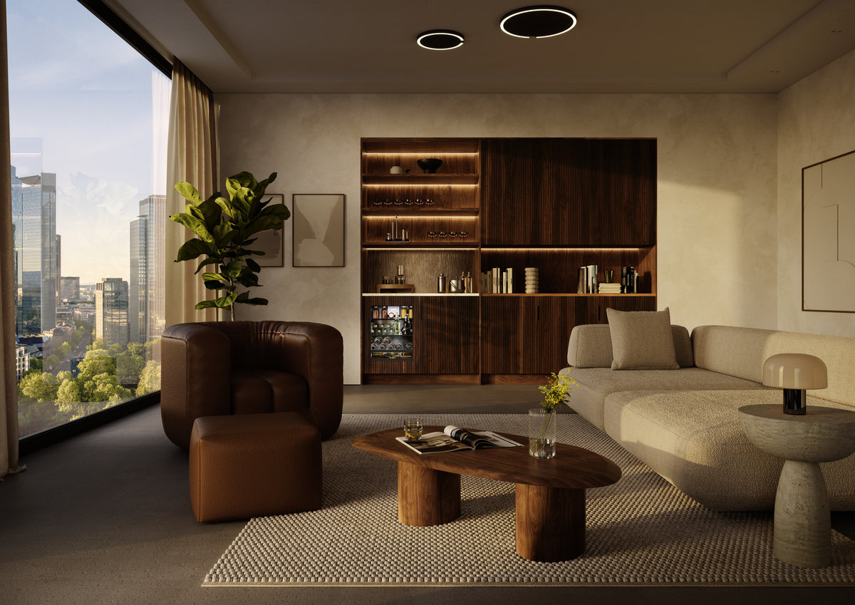 Salon contemporain avec meuble bar en bois sombre intégrant un réfrigérateur à boissons Liebherr