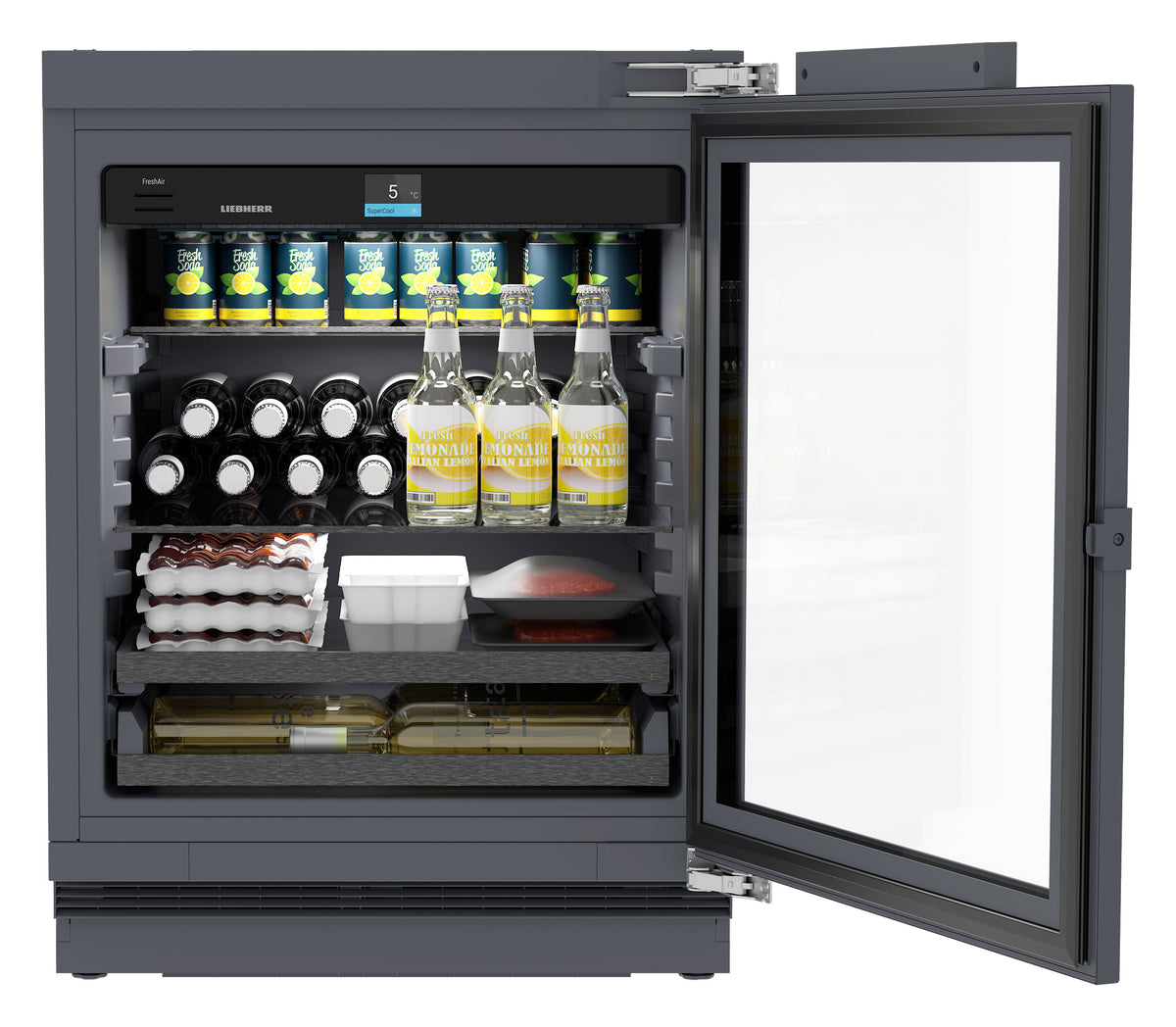 Réfrigérateur d’extérieur Liebherr UORpr 366i ouvert, garni de boissons