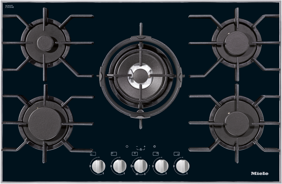 Table de cuisson au gaz Miele KM 3034-1 vue de dessus, vitrocéramique noire et Dualwok central