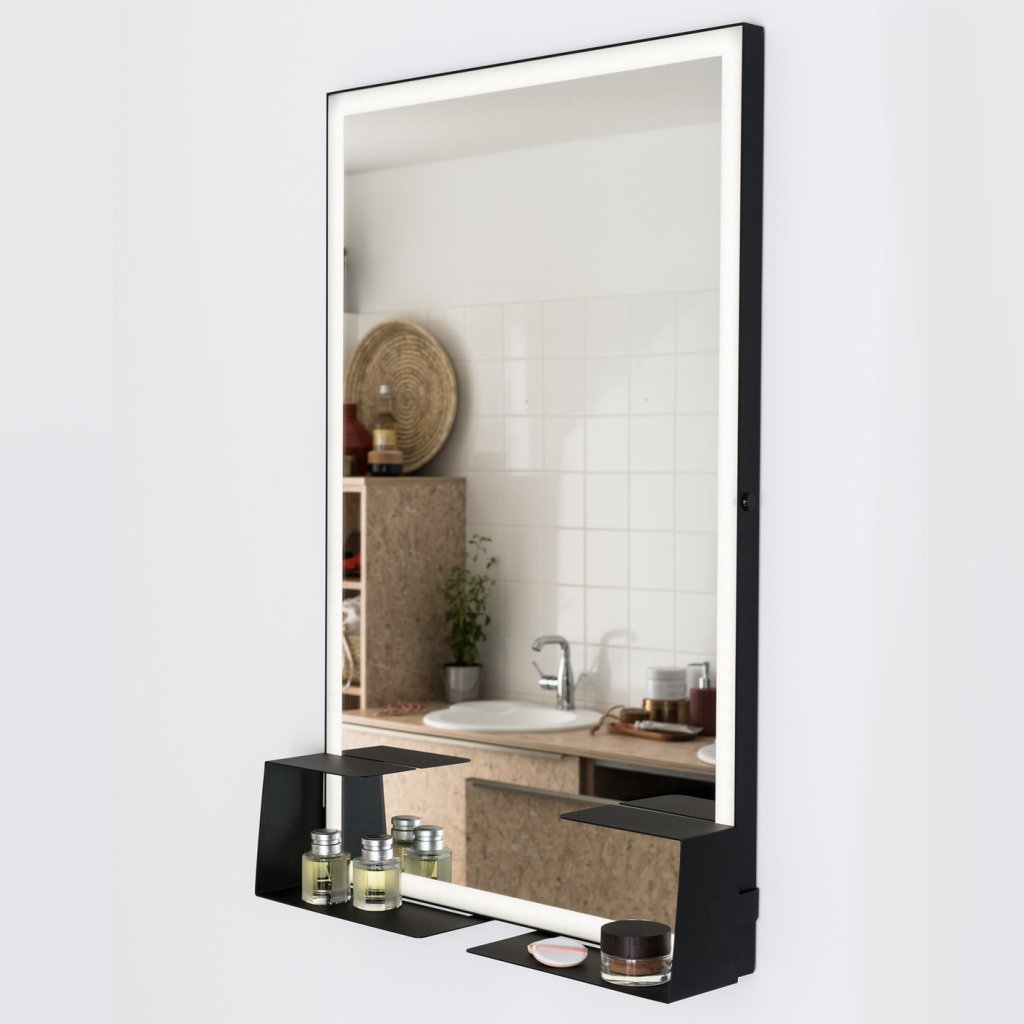 Miroir Led noir mat - vue détail étagères
