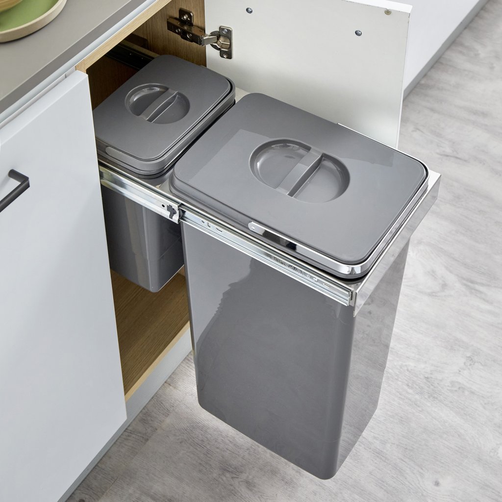 Poubelle tri 2 bacs 33 L MSA gris orion cadre inox pour meuble de 300 mm
