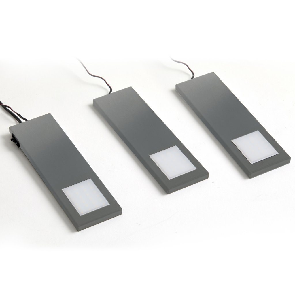 Kit de 3 profils LED extra-plat (200x61,5x9mm) dont 1 profil avec interrupteur et 1 convertisseur - finition inox brossé - puissance 6W / 560lm- 12V DC - 3300 K