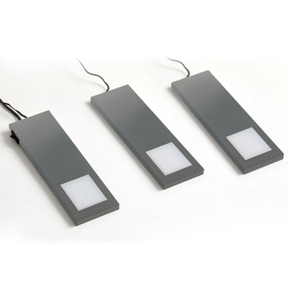 Kit de 3 profils LED extra-plat (200x61,5x9mm) dont 1 profil avec interrupteur et 1 convertisseur - finition inox brossé - puissance 6W / 560lm- 12V DC - 3300 K