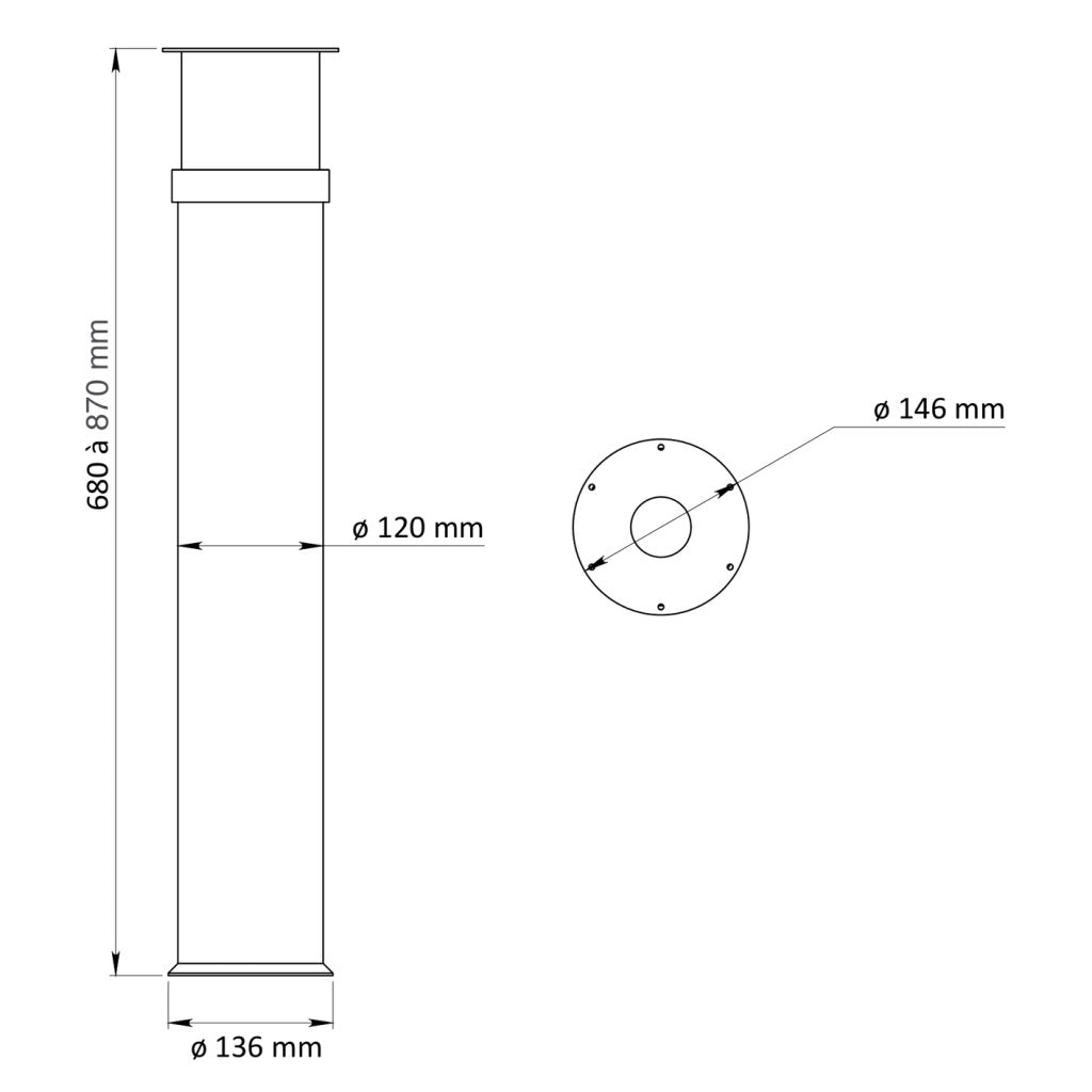 Pied de snack rond télescopique en acier - diamètre de 120mm - hauteur de 680 à 870mm- finition noir mat