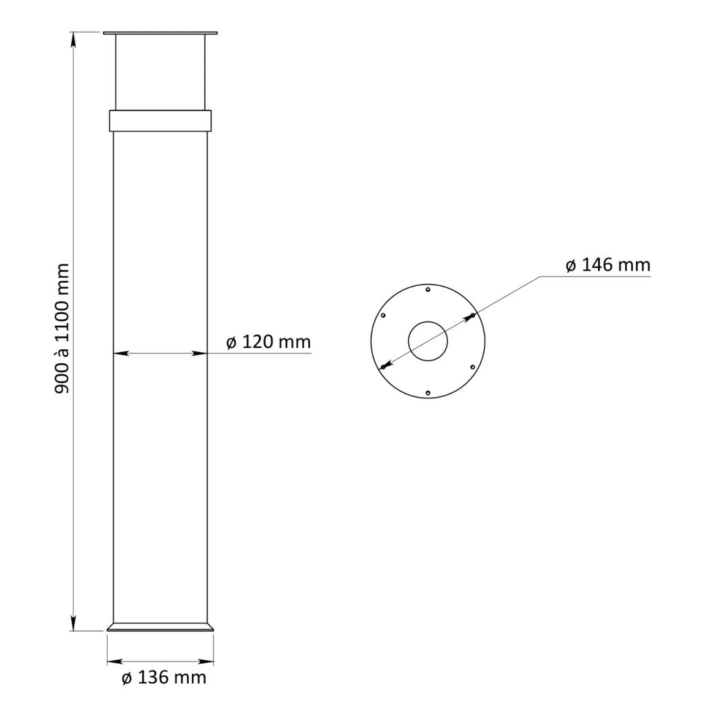 Pied de snack rond télescopique en acier - diamètre de 120mm - hauteur de 900 à 1100mm - finition inox brossé