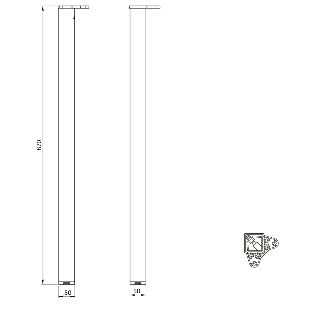 Pied de table et de snack carré en acier - 50 x 50mm - hauteur 870mm - finition blanc mat (RAL9010)