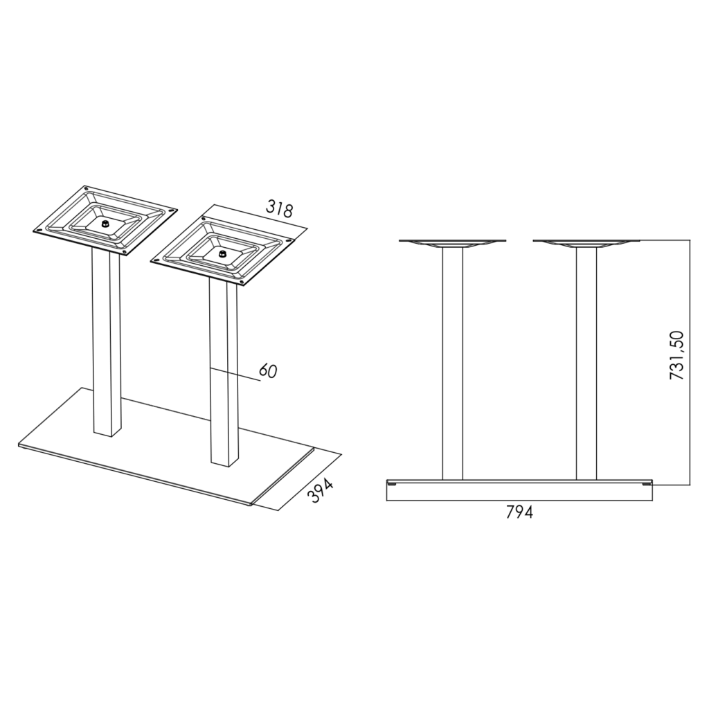 Pied double central carré en acier - H. 730mm - finition noir mat