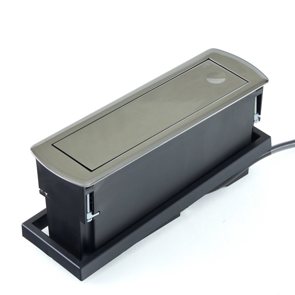 Bloc 2 prises + 2 USB (2A - 5V) CIZO affleurant à encastrer dans le plan de travail de 5 à 40mm (avec une réhausse incluse) - finition chrome noir - 16 A - 230V - 2P+T