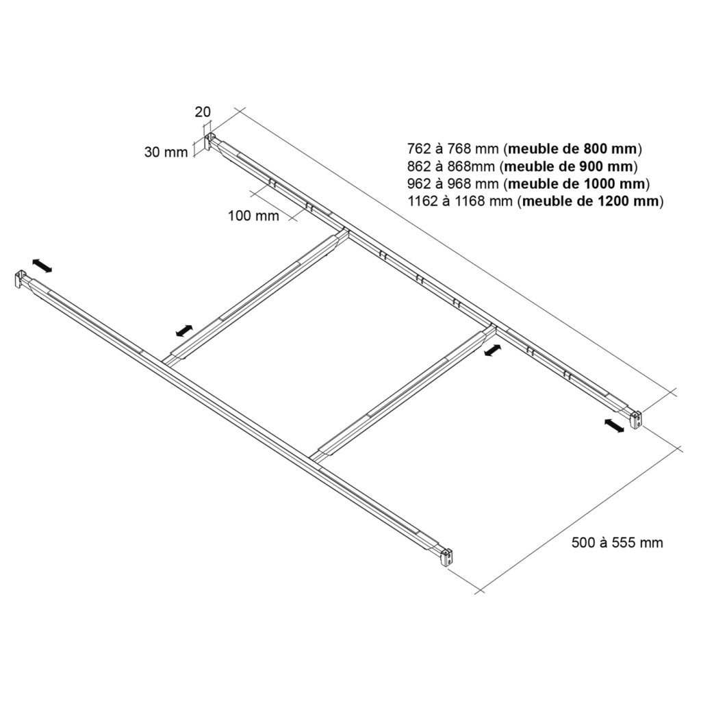 Renfort de plan de travail FORZA-Kit composé de 2 Longerons, 2 Traverses et 4 supports- Pour meuble de 1200mm-Finition acier zingué