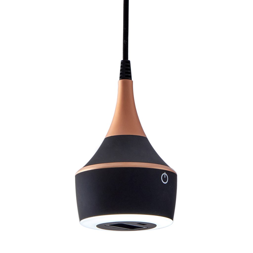 Suspension prise MERCURY incluant un éclairage LED équipé d'un interrupteur tactile avec variateur d'intensité (5W / 210lm - 4000k) finition cuivre mat, 1 prise 6A, 1 prise USB 5V 2A - hauteur de câble réglable