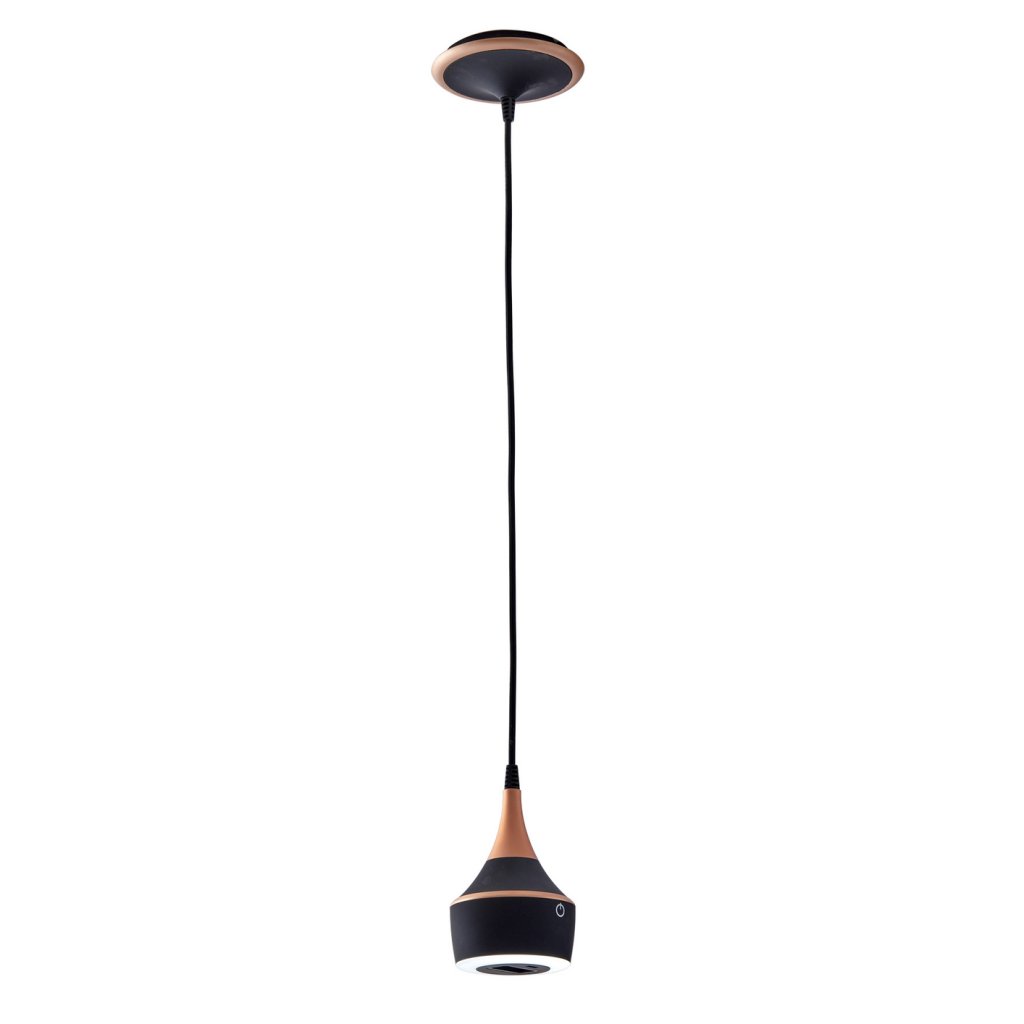 Suspension prise MERCURY incluant un éclairage LED équipé d'un interrupteur tactile avec variateur d'intensité (5W / 210lm - 4000k) finition cuivre mat, 1 prise 6A, 1 prise USB 5V 2A - hauteur de câble réglable