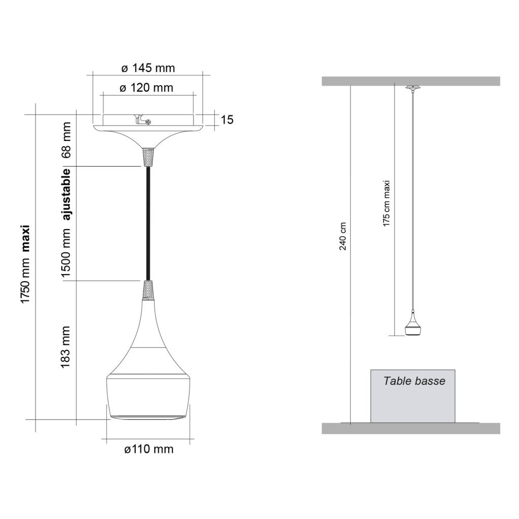 Suspension prise MERCURY incluant un éclairage LED équipé d'un interrupteur tactile avec variateur d'intensité (5W / 210lm - 4000k) finition cuivre mat, 1 prise 6A, 1 prise USB 5V 2A - hauteur de câble réglable