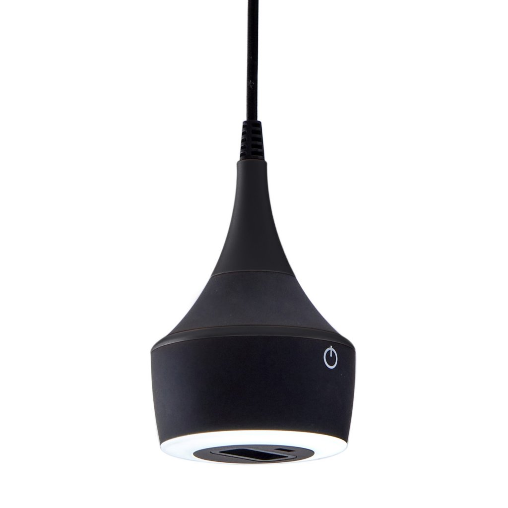 Suspension prise MERCURY incluant un éclairage LED équipé d'un interrupteur tactile avec variateur d'intensité (5W / 210lm - 4000k) finition noir mat, 1 prise 6A, 1 prise USB 5V 2A - hauteur de câble réglable